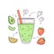 Green detox drink made from avocado, lemon, strawberry with ice cubes, straw