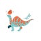 Green dinosaur with long neck and orange stripes flat hand drawn cartoon illustration. Vector slipart of scandinavian style