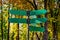 Green directional arrows on metal pole in autumn park