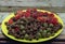 Green dish with red and green castor beans and fruits Ricinus communis L