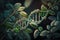 Green DNA helix gene or genetic DNA molecule biotechnology on a green biotechnology. Generative Ai.