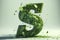 A green dollar sign made of leaves shattering. Concept of environmental economics and sustainable finance Ai generative