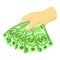 Green dollars in hand icon, isometric style