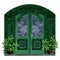 green door with two potted plants in front of it, art nouveau