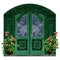 green door with two potted plants in front of it, art nouveau