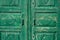 Green doors. Wood texture. Old shabby, irradiated paint.