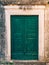 Green doors. Wood texture. Old shabby, irradiated paint