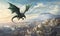 green dragon flying high above the old city. Winter morning. Calendar for 2024, symbol of the year