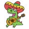 Green dragon in Mexican hat and with guitar on white background.