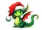 Green dragon in a red Santa Claus hat. Mythical fantasy animal. Symbol of the new year 2024