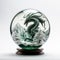 Green dragon in a snowy glass ball. Symbol of the new year 2024. Mythical creation from fantastic stories. White back