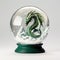 Green dragon in a snowy glass ball. Symbol of the new year 2024. Mythical creation from fantastic stories. White back