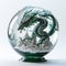 Green dragon in a snowy glass ball. Symbol of the new year 2024. Mythical creation from fantastic stories. White back