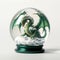 Green dragon in a snowy glass ball. Symbol of the new year 2024. Mythical creation from fantastic stories. White back