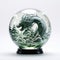 Green dragon in a snowy glass ball. Symbol of the new year 2024. Mythical creation from fantastic stories. White back