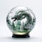 Green dragon in a snowy glass ball. Symbol of the new year 2024. Mythical creation from fantastic stories. White back