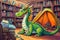 Green dragon standing in a library near a stack of books. Created with Generative AI