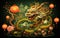 Green dragon in traditional style, mysterious monster from farytales and symbol of 2024 lunar year in Chinese calendar