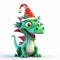 Green dragon wearing red new year hat, symbol of new year 2024, chinese new year, funny cute cartoon 3d