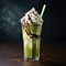a green drink with whipped cream and chocolate syrup
