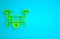 Green Drone flying icon isolated on blue background. Quadrocopter with video and photo camera symbol. Minimalism concept