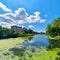 Green duckweed and other vegetation on the river that runs through the city