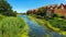 Green duckweed and other vegetation on the river that runs through the city