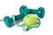 Green dumbell with measuring tape