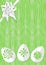 Green easter background with white ribbon rosette on top corner, paper cut easter eggs bottom, place for own text, offer, announce