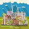 Green eco city vector concept with wind power station. Infographic with set of buildings and infrastructure.