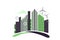Green eco city vector illustration. Ecology concept background with skyscraper cityscape and wind turbines for