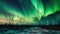 Green eco-friendly wind turbines on a landscape and northern lights - Generative AI