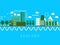 Green eco life flat art style. Ecology life, eco city vector banner illustration. Eecology concept for city, nature conservation.