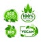 Green Eco Vegetarian Organic Food Sticker Set. Vegan Bio Shop Badge Collection for Natural Healthcare Lifestyle Wellness