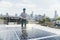 Green ecological power energy generation. Man show thumb up and standing near solar panels
