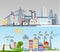Green ecology city infographics background and elements. Solar cell wind energy.