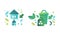 Green Ecology Flat Icon and Eco-friendly Environmental Symbol with Dustbin and House with Electric Plug Vector Set