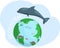 Green ecosystem of our planet. Huge dolphin is jumping across planet. Globe with sea inhabitants