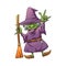 The green elf witch with the long nail and using the magic broom with the purple costume