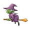 The green elf witch with the purple costume and using the magic broom for flying