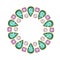 Green emerald drop, Purple square and round crystal gemstone with gold element frame. Beautiful jewelry bracelet. Bright