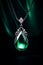 Green Emerald Fantasy pendant necklace and silver chain - Intricate details - dark black and green background - drop shaped