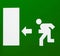 Green emergency exit sign with the silhouettes of directional arrow and running man. Large size