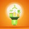 Green Energy. 3d illustration of solar panel, wind turbine, battery and petrol in lamp