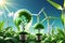 Green Energy Brilliance: Lightbulb Intricately Intertwined with Miniature Wind Turbines and Lush Greenery Inside, Symbolizing