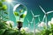 Green Energy Brilliance: Lightbulb Intricately Intertwined with Miniature Wind Turbines and Lush Greenery Inside, Symbolizing