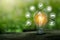 Green energy concept.Environmental protection, renewable, sustainable energy sources.Light bulb with icon and green background