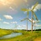 Green energy concept - natural wind generator turbines on summer