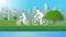Green energy concepts, father and son are riding bicycle in city parks