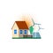 Green energy and eco friendly house. Solar panel and windmill. Vector illustration